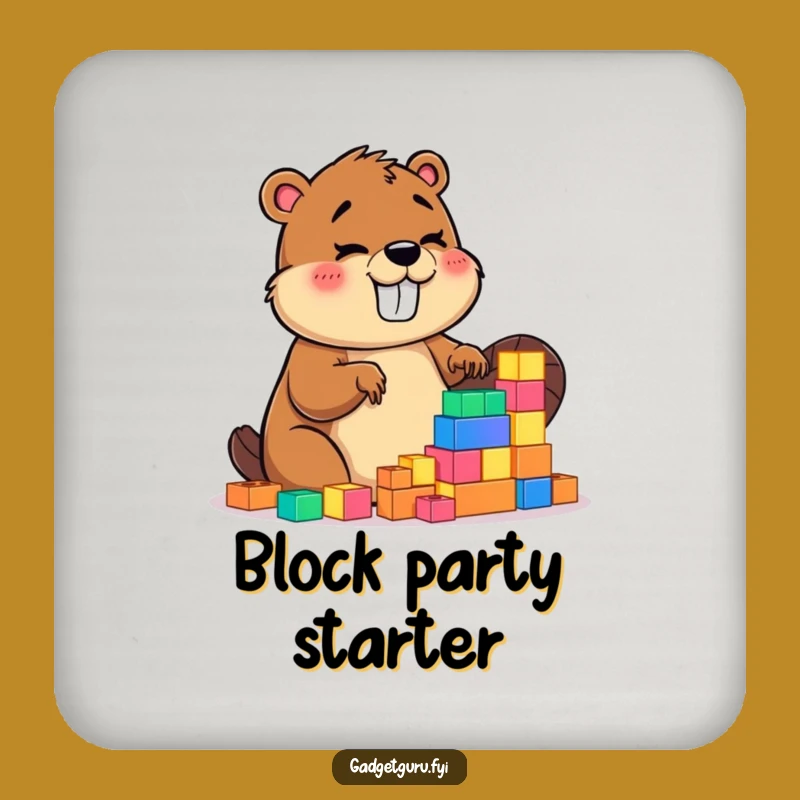 Funny Beaver Drink Coaster: Giggling Character's Glowing Block Building Fun