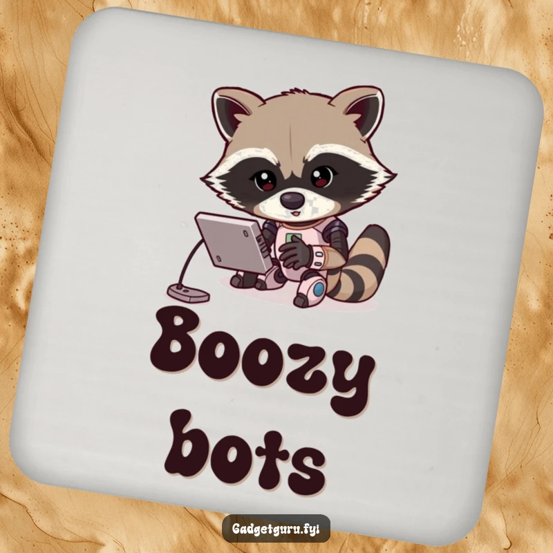 Funny coaster depicting a determined raccoon character programming a miniature robot. A humorous and practical addition to any workspace.