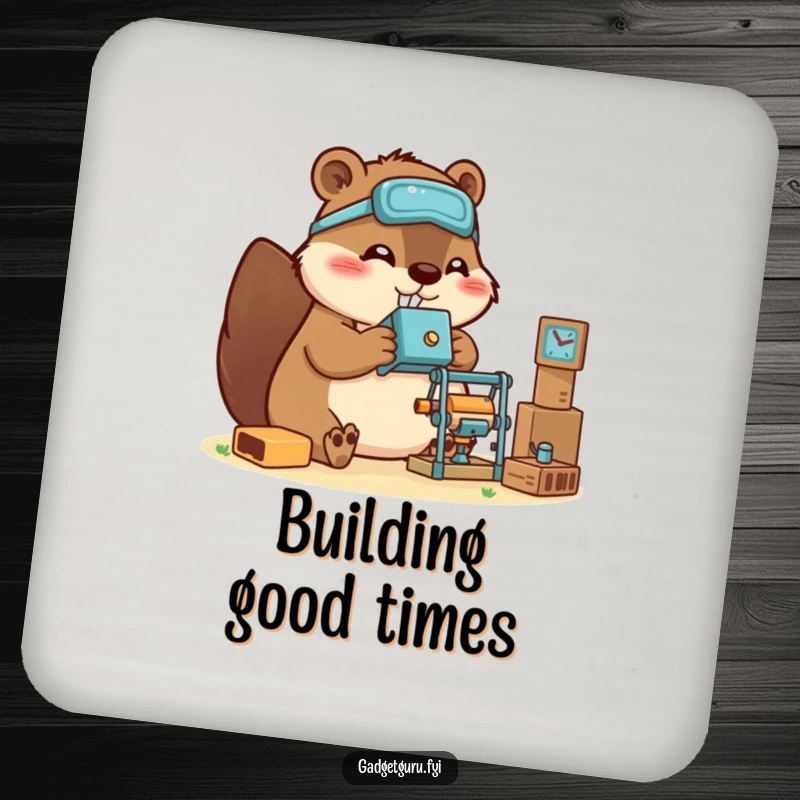 Funny beaver coaster with a happy character building a small gadget, perfect for protecting surfaces with a crafty theme.