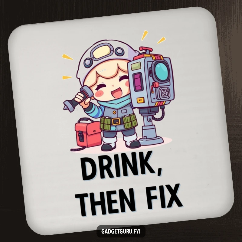 Funny drink coaster with a happy gadget tinkerer character adjusting a blinking light on a complex machine using tools.