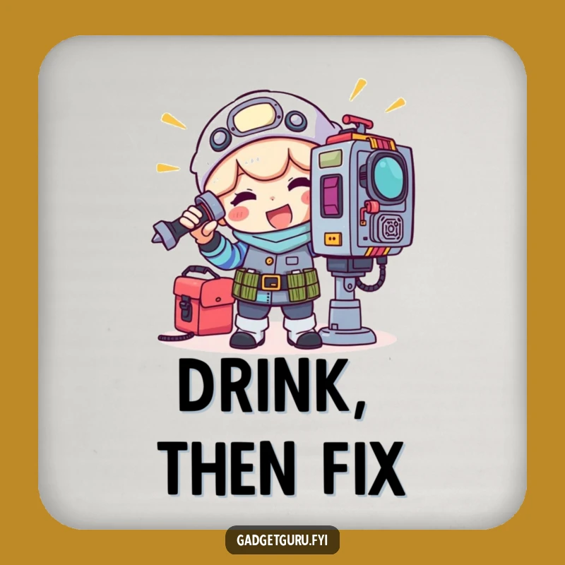 Funny Gadget Tinkerer Coaster: Protect Surfaces with Humor, Toolkit Character Design, Gift Idea