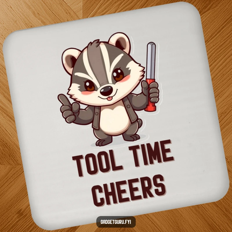 Funny drink coaster showing a determined badger giving a thumbs-up with a tool, adding a touch of DIY spirit.