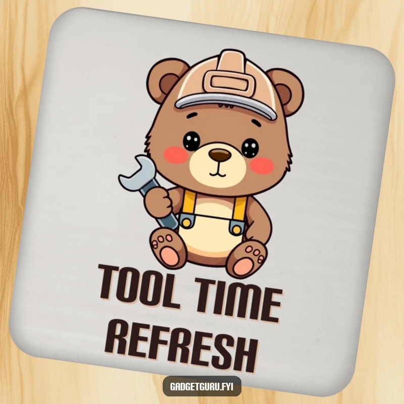 Funny bear cub drink coasters, a cute cub with a hard hat and wrench, ideal for protecting tables.
