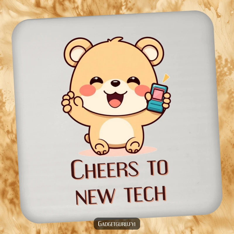 Funny Bear Gadget Coaster: A coaster featuring a smiling bear character enthusiastically holding a tiny, flashing gadget, perfect for protecting surfaces.