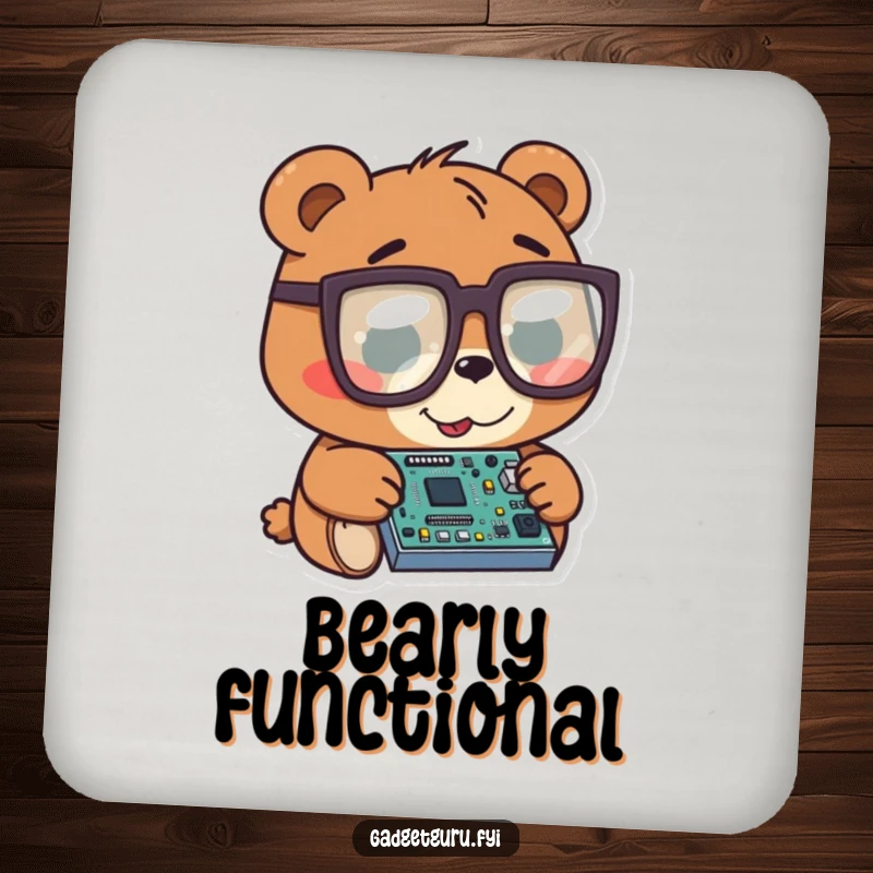 Funny bear character wearing large glasses, examining a tiny circuit board, presented as a humorous drink coaster.