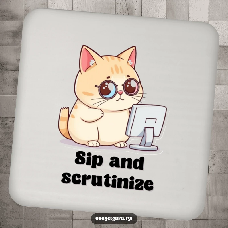 Funny cat drink coasters, a chubby cat with a monocle looking critically at a tiny computer screen, for elegant tables.