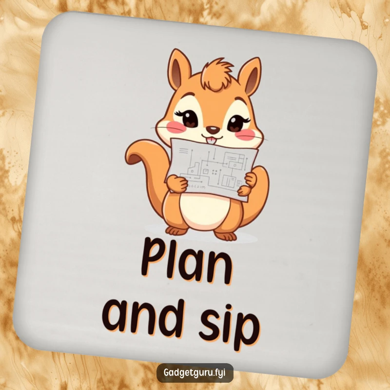 Funny cheerful squirrel character holding a tiny blueprint with determination, a humorous drink coaster.