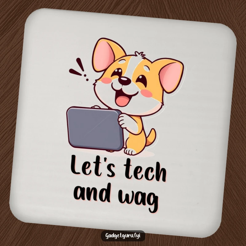 Funny Dog Coaster: A cheerful dog enthusiastically shows off a new device, safeguarding surfaces with wagging joy.