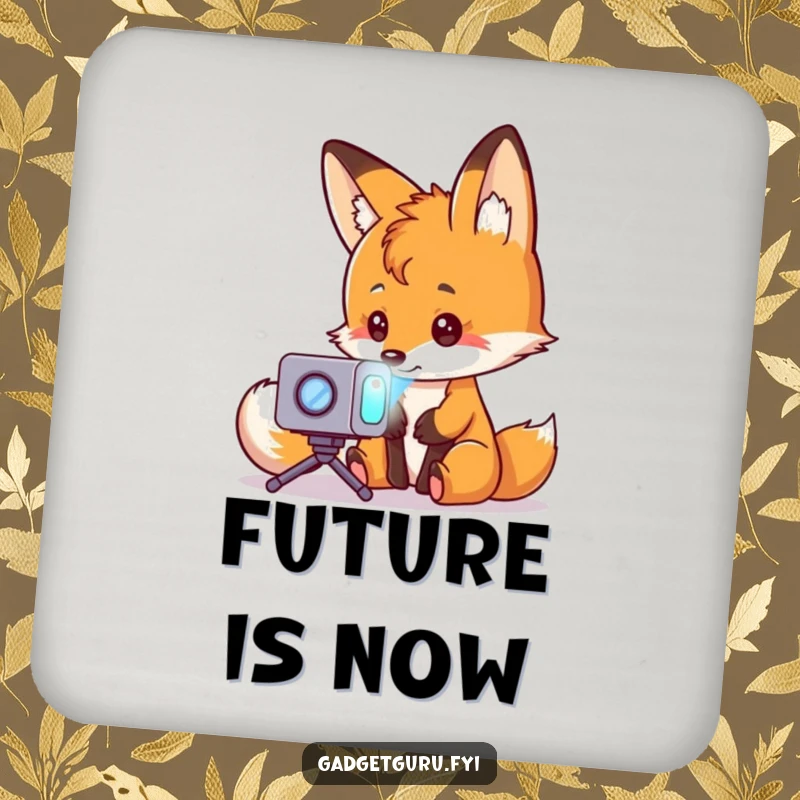 Funny fox character looking at a miniature holographic projector, adding a playful touch to a drink coaster.