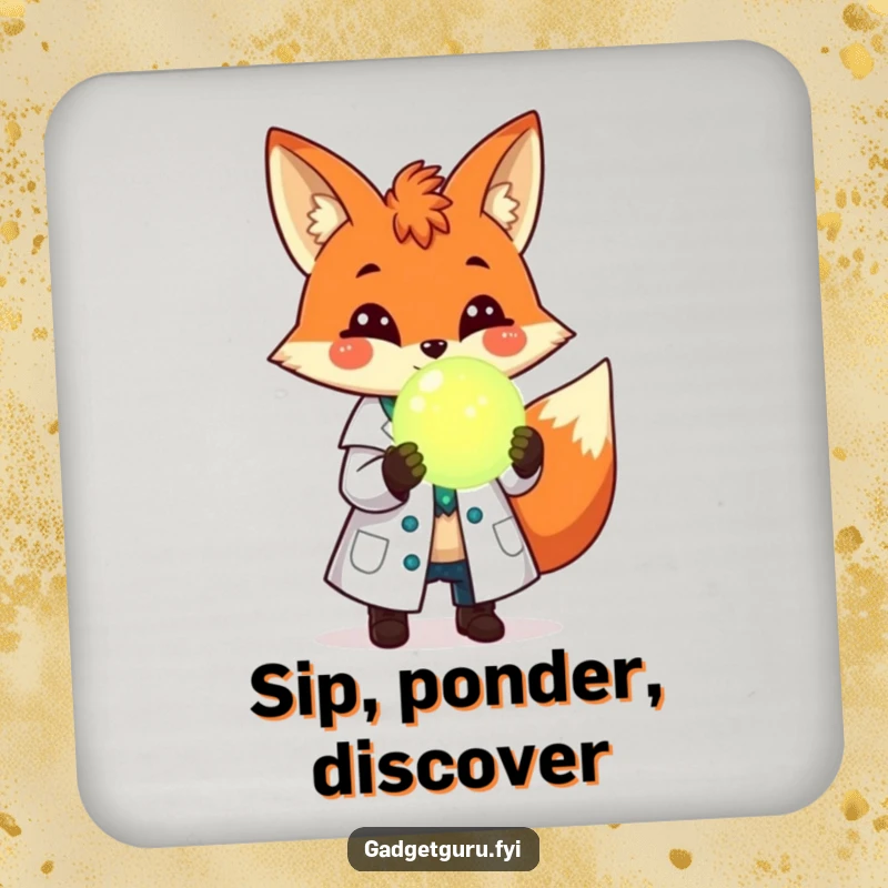 Funny coaster featuring a cheerful fox scientist in a lab coat, holding a glowing orb, adding playful scientific decor.