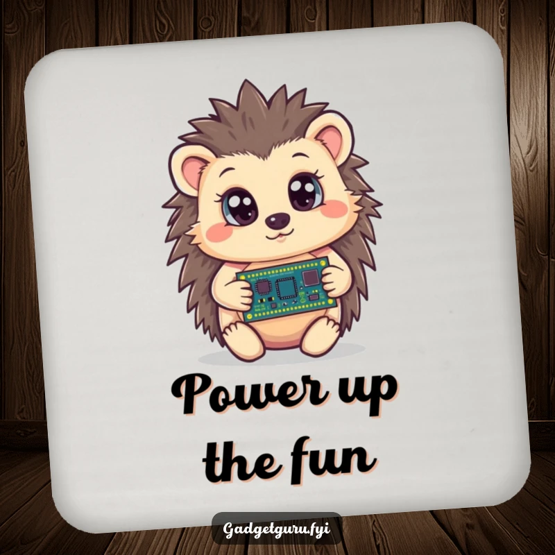 Funny hedgehog coaster featuring a curious character holding a tiny circuit board with wide eyes, protecting surfaces with humorous tech flair.