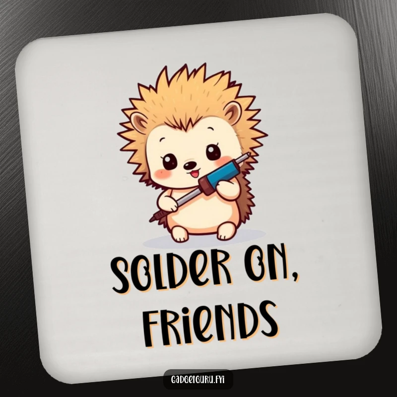 Funny Hedgehog Maker Coaster: A coaster featuring a tiny hedgehog with spiky hair holding a miniature soldering iron, perfect for protecting surfaces.