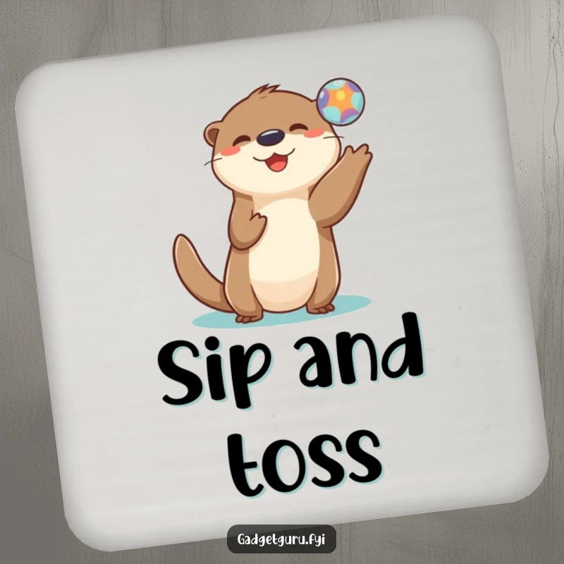 Funny drink coaster with a playful otter character tossing a small, luminous digital orb.