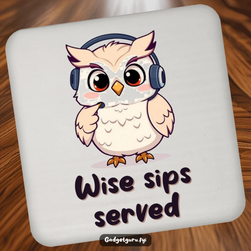 Funny owl coaster set with a giggling character wearing a headset and pointing, offering stylish protection for surfaces.