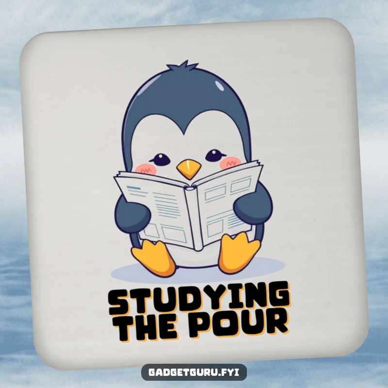 Funny penguin coaster with a studious character reading a small tech manual, perfect for protecting surfaces with a smart theme.