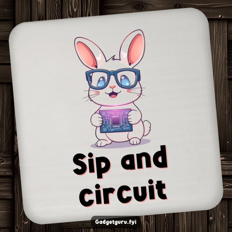 Funny Rabbit Scientist Coaster: A humorous coaster featuring a rabbit with glasses holding a glowing circuit board, protecting surfaces with science.