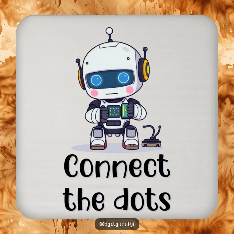 Funny drink coaster with a small robot character happily assembling a tiny, glowing circuit, representing clever design.