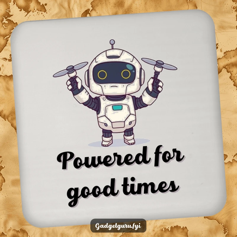 Funny drink coaster showing a small, excited robot character holding a tiny spinning drone, a humorous table protector.