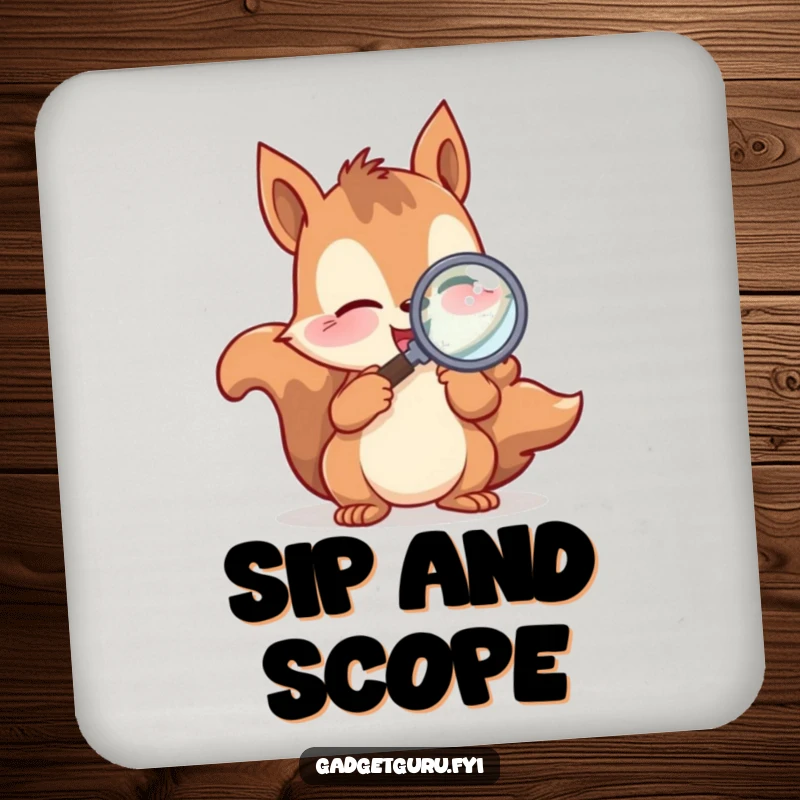 Funny Drink Coaster featuring a playful squirrel character excitedly examining with a magnifying glass, protecting surfaces with nature's charm.