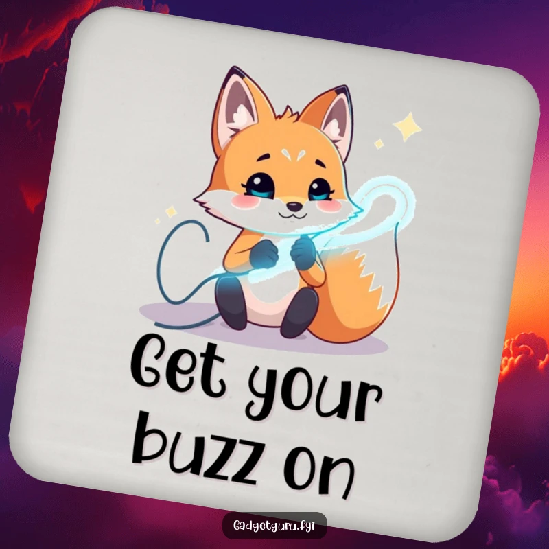 Funny fox coaster set with a playful character experimenting with glowing wires, offering stylish protection for surfaces.