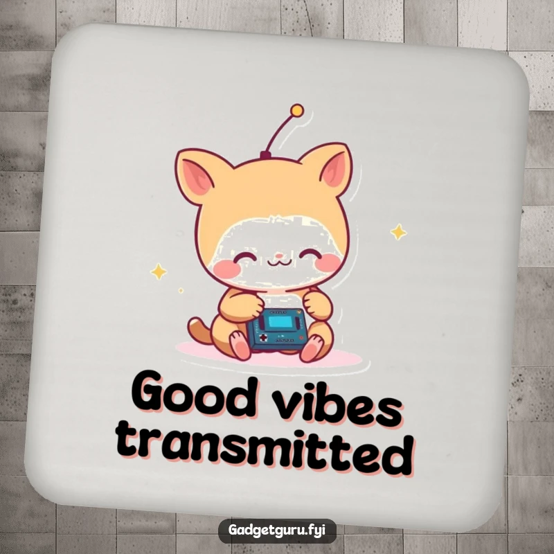 Funny Small Animal with Antenna Critter Joyfully Tinkering with a Tiny Circuit Coasters, Humorous Table Protection.