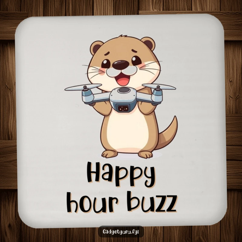 Funny otter character holding a miniature drone, adding a humorous and tech-focused touch to a drink coaster.