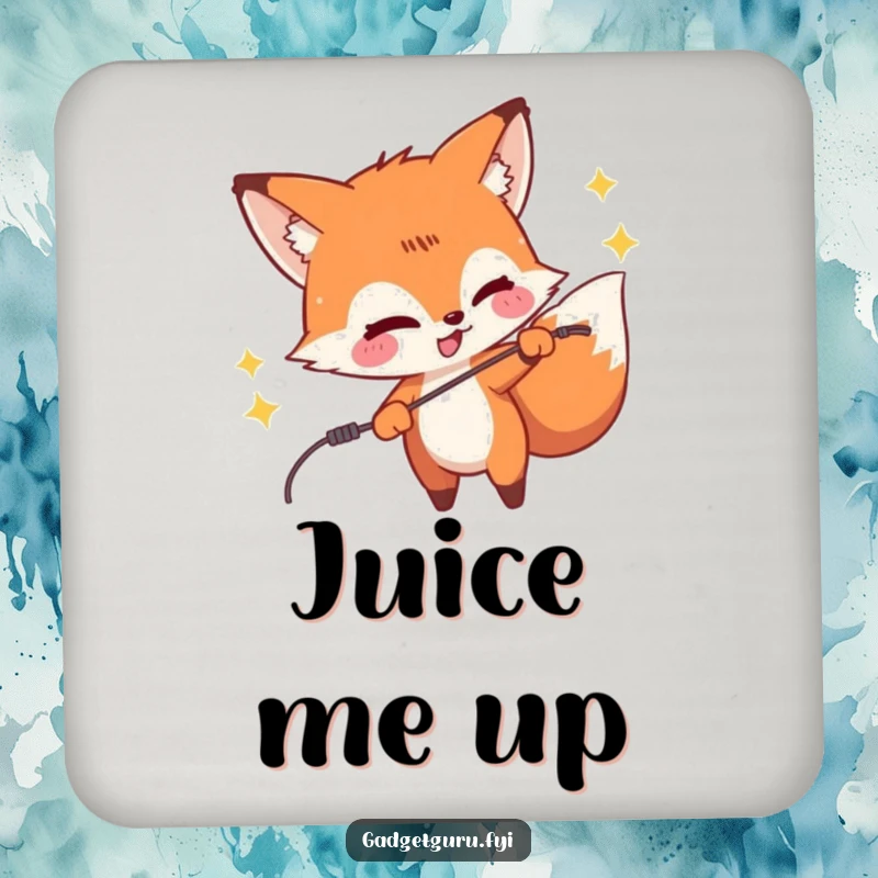 Funny drink coaster depicting a mischievous fox character playfully zapping a wire, a humorous way to protect surfaces.
