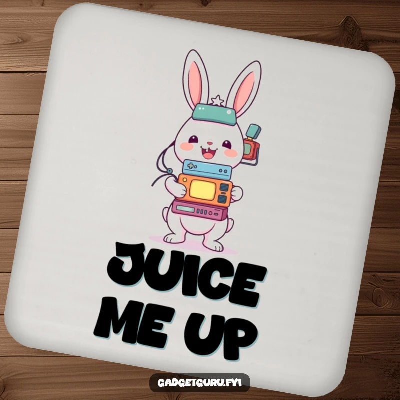 Funny drink coaster with a cheerful rabbit character balancing a collection of small electronic gadgets.