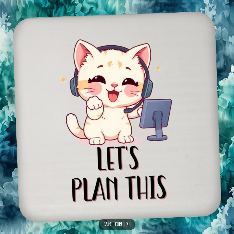 Funny Drink Coaster featuring a delighted kitten wearing a headset, pointing at a screen.