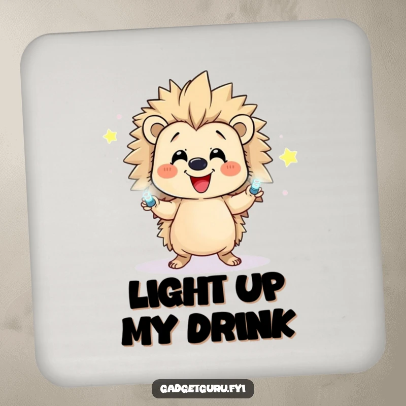 Funny drink coaster displaying a happy hedgehog character juggling several small, flashing LEDs.
