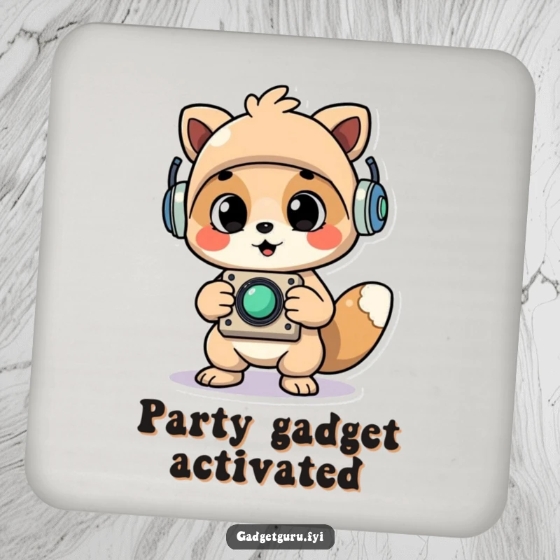 Funny Cheerful Animal Character Proudly Holding Up a Newly Assembled Whimsical Gadget Coasters, Humorous Table Protection.