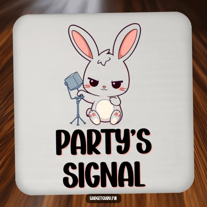 Funny rabbit coaster featuring a determined cartoon rabbit adjusting a miniature satellite dish, protecting surfaces with humorous tech flair.