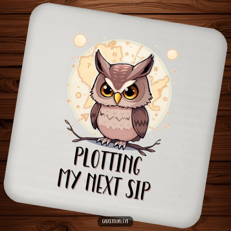 Funny Owl Coaster: A curious owl gazes at a complex, glowing map, adding a touch of intellect to drink protection.