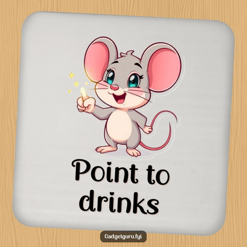 Funny mouse coaster featuring an excited character pointing at a holographic display, protecting surfaces with humorous futuristic flair.
