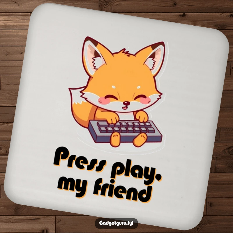 Funny Kawaii Fox Coaster: A small coaster featuring a kawaii fox character typing on a miniature keyboard, providing surface protection with charm.