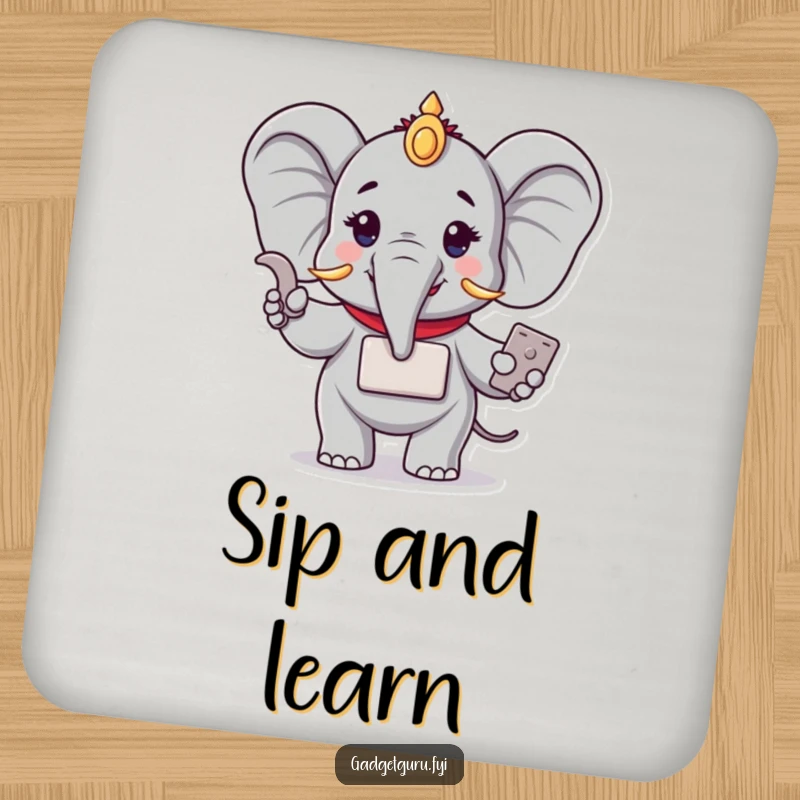Funny coaster depicting a wise elephant character demonstrating a compact new electronic device. A humorous and practical addition to any table.