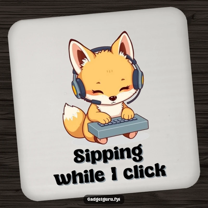 Funny Fox Cub Coder Coaster: A humorous coaster featuring a fox cub with a headset typing on a miniature keyboard, protecting surfaces with tech.