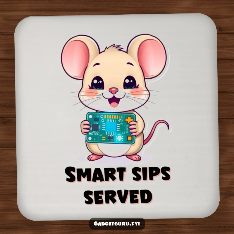 Funny mouse character holding a blinking circuit board on a drink coaster, providing surface protection with geeky, technical humor.