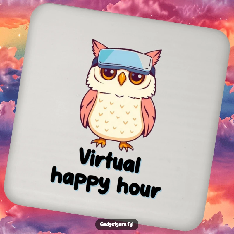 Funny owl character wearing miniature VR goggles, adding a humorous and futuristic touch to a drink coaster.