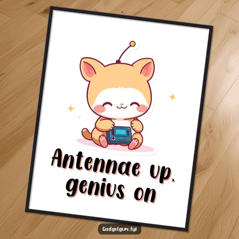 Funny Small Animal with Antenna Critter Joyfully Tinkering with a Tiny Circuit Poster, Whimsical Art Decor.
