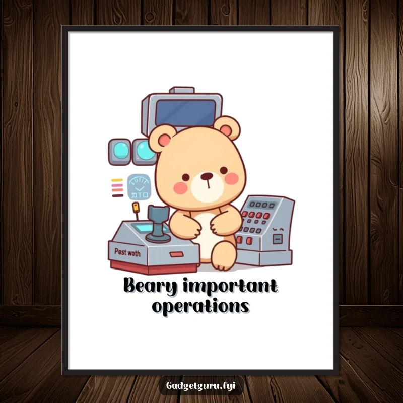 Funny poster of a small, focused bear character intensely operating a complex, blinking control panel, embodying deep concentration.