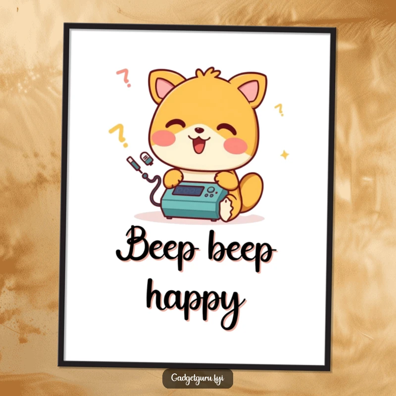 Funny poster of a happy animal character merrily beeping while programming a small device, creating a cheerful and inspiring tech-themed display.