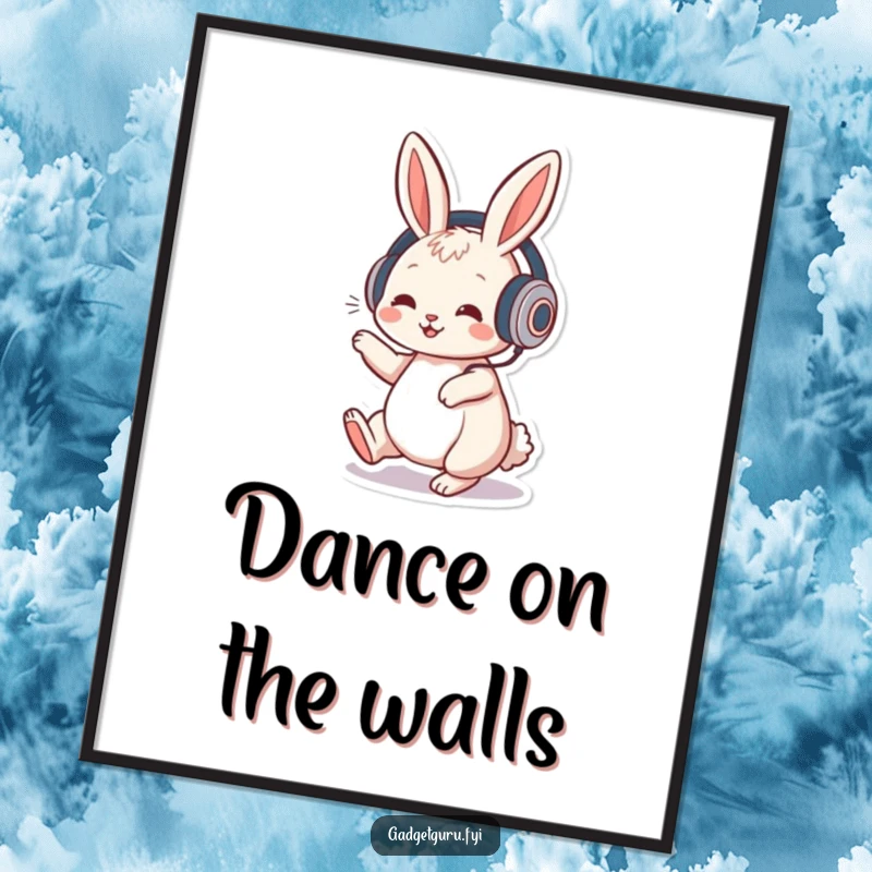 Funny poster print of a playful rabbit wearing headphones, joyfully tapping its foot to an energetic music beat.