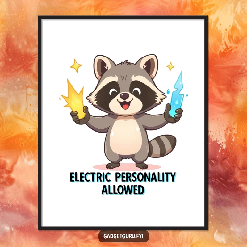Funny Raccoon Poster: A happy raccoon energetically juggles three distinct glowing power sources, creating a vibrant display.