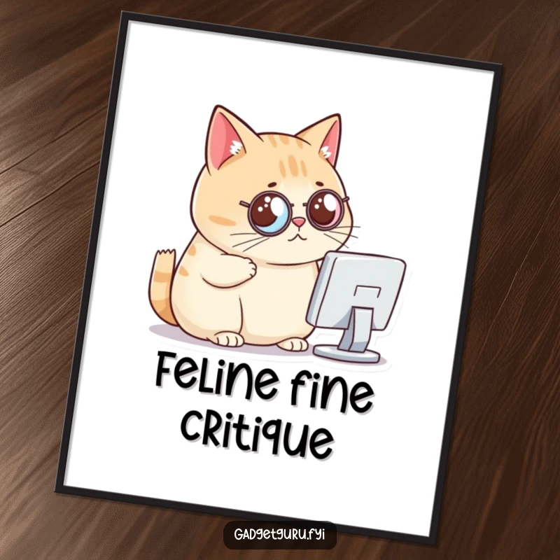 Funny cat poster, a chubby cat wearing a monocle, critically looking at a tiny computer screen, symbolizing sophisticated judgment.