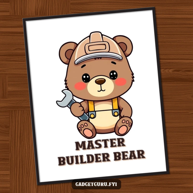 Funny bear cub poster, a cute cub wearing a hard hat and holding a wrench, symbolizing construction fun.
