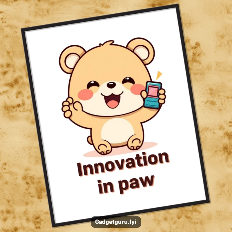 Funny Bear Gadget Poster: A vibrant poster featuring a smiling bear enthusiastically holding a small, blinking device, embodying tech enthusiasm and fun.