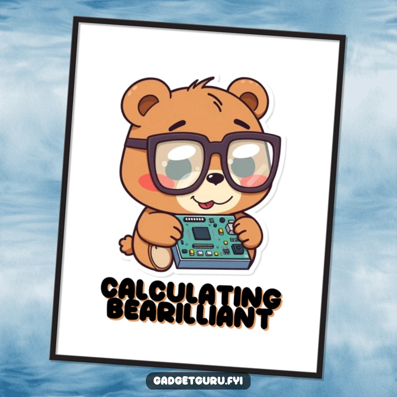 Funny bear character in oversized glasses intently studying a tiny circuit board, presented as wall art.