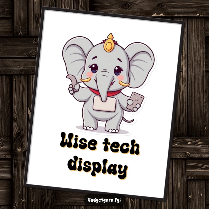 Funny poster showing a wise elephant character holding and demonstrating a compact new electronic device. Humorous and intelligent wall art.