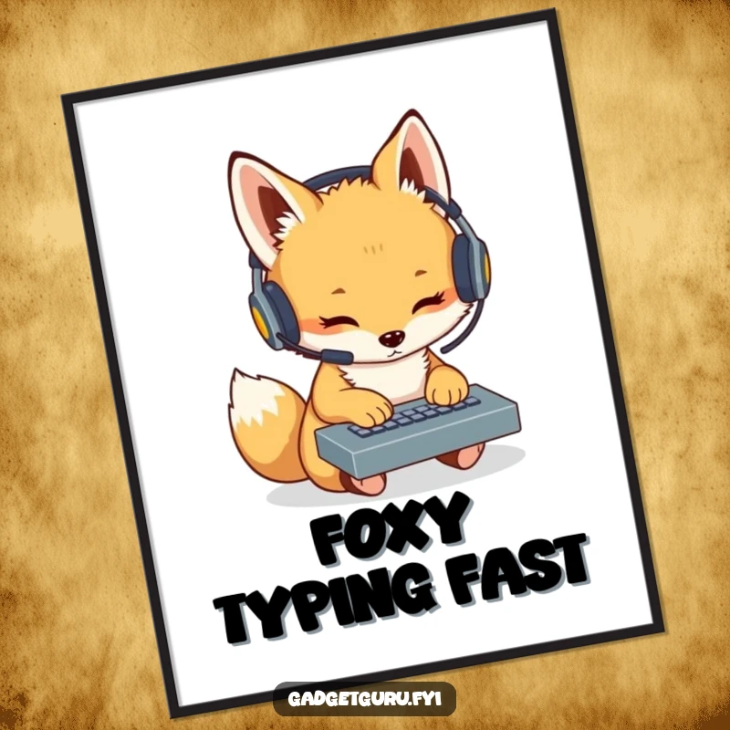 Funny Fox Cub Coder Poster: Humorous wall art of a cute fox cub wearing a headset and intently typing on a miniature keyboard.